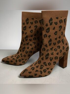 Newbella Leopard Knit Sock Ankle Booties Size 8